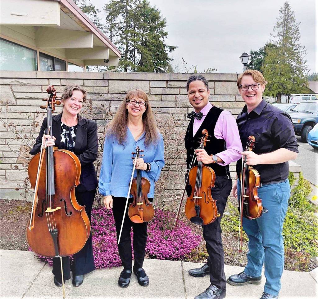 Performances by the Port Angeles Symphony String Quartet  from left, Traci Winters Tyson, Jory Noble, Tyrone Beatty and Morgan Bartholick-LeMaire  are part of the virtual Juan de Fuca Festival lineup opening Friday. (Photo courtesy of the Port Angeles Symphony)