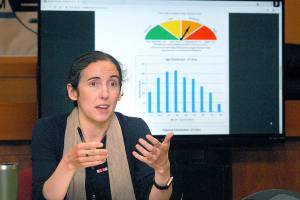 Clallam County Health Officer Dr. Allison Berry updates the status of COVID-19 during the last scheduled weekly briefing on Friday at the Clallam County Courthouse in Port Angeles. (Keith Thorpe/Peninsula Daily News)