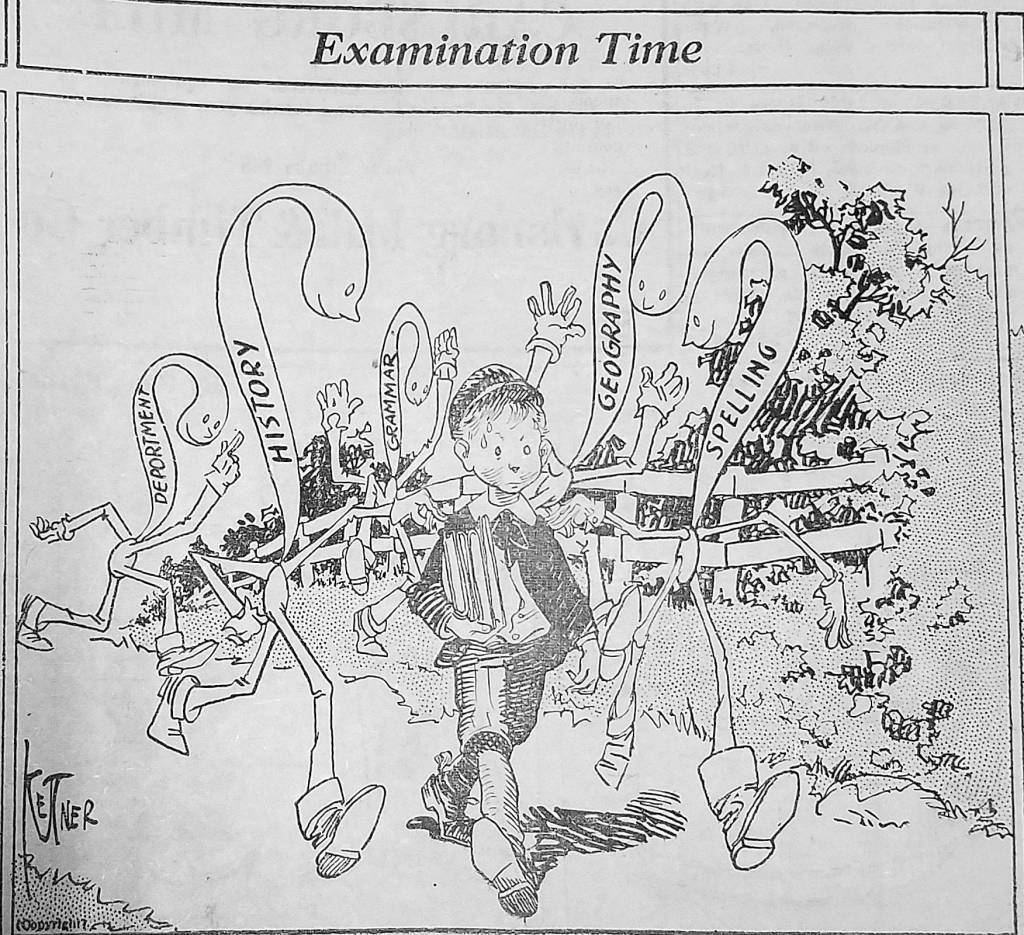An editorial cartoon from June 1921, highlighting the stress students face. (Port Angeles Evening News)
