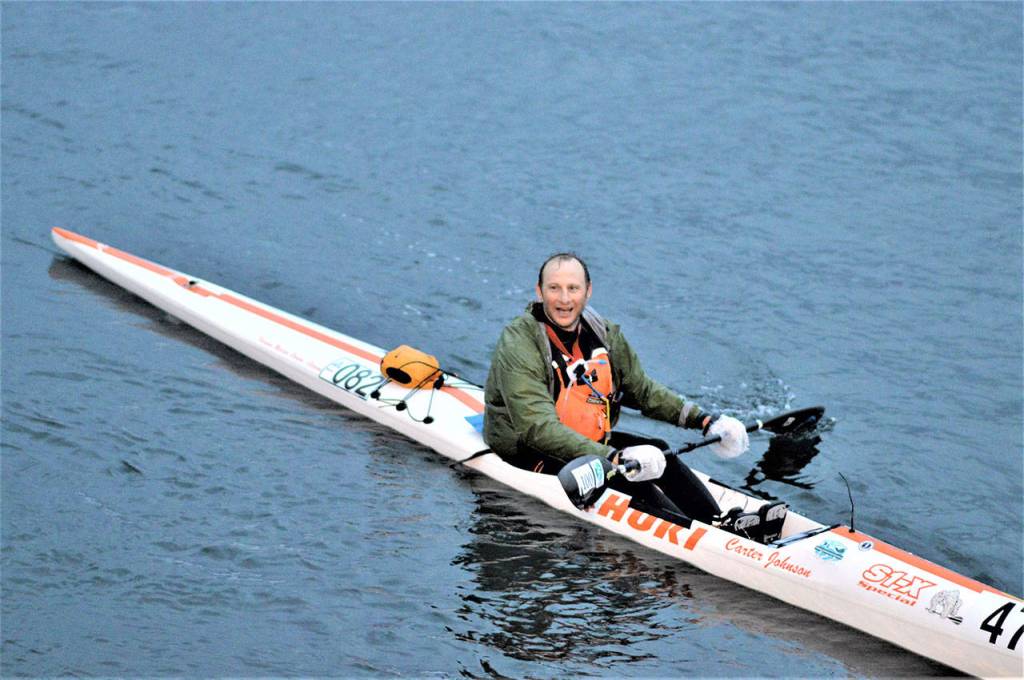 At 4:54 a.m. Saturday, Carter Johnson of Underwood, Skamania County, arrived at the finish line of the Seventy48. (Diane Urbani de la Paz/Peninsula Daily News)