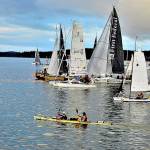 Team Bendracing  kayakers Daniel Staudigel and Jason Magness of Bend, Ore.  set out with the rest of the racers in the WA360, the 360-mile, human- and wind-powered event that began in Port Townsend Bay at 6 a.m. Monday. (Diane Urbani de la Paz/Peninsula Daily News)