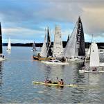 Team Bendracing  kayakers Daniel Staudigel and Jason Magness of Bend, Ore.  set out with the rest of the racers in the WA360, the 360-mile, human- and wind-powered event that began in Port Townsend Bay at 6 a.m. Monday. (Diane Urbani de la Paz/Peninsula Daily News)