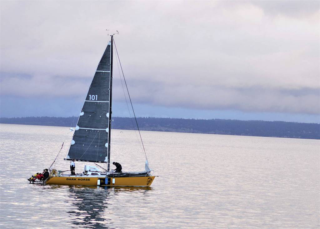 Team High Seas Drifters of Wilsall, Mont.,  pictured preparing to depart Port Townsend at 6 a.m. Monday, won the inaugural WA360 race Thursday. Diane Urbani de la Paz/Peninsula Daily News