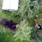 Officials with Jefferson County Sheriffs Office, Washington State Patrol and the FBI investigate the site of an explosion on Tuesday night in Port Hadlock. The explosion blew off a mans arm and burned his granddaughter. The blast and subsequent fire destroyed an outbuilding and damaged the trees and grass around it. (Photo courtesy of Jefferson County Sheriffs Office)