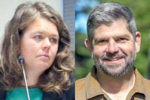 Jefferson County Commissioner Kate Dean, left, and Clallam County Commissioner Mark Ozias.