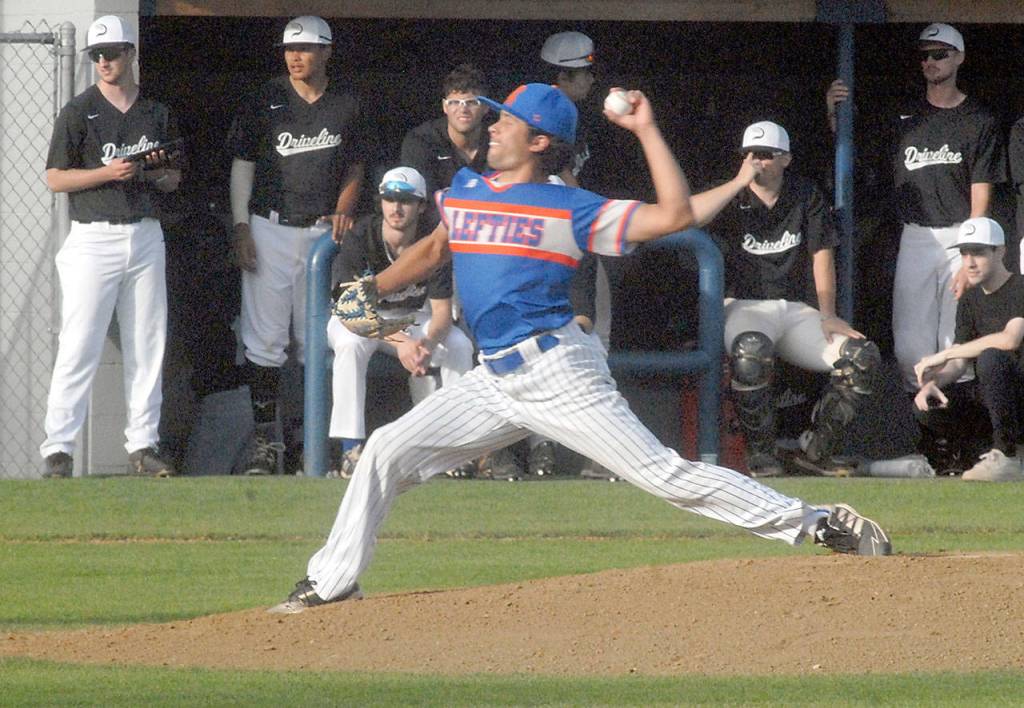 Keith Thorpe/Peninsula Daily News Lefties pitcher Corey Sanchez throws in the second inning on Friday night against Driveline in Port Angeles.
