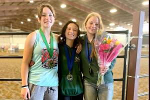 Photo by Katharyn Rivers

Cutline: Congratulations to PA’s high school equestrian team for winning medals  at the WAHSET State Finals held last weekend in Moses Lake. Sara Holland, left, won the bronze while  Sydney Hutton’s high score gained  her first place and the gold medal in Hunt Seat Equitation over fences.  Amelia Kinney, right, triumphed over all with a first place time of 3.89 that helped her bring  home the gold in Breakaway roping.