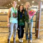 Members of Port Angeles High Schools equestrian team wond medals at WAHSET State Finals last weekend in Moses Lake. Sara Holland, left, won the bronze and Sydney Hutton, center, won gold medal in hunt seat equitation over fences while Amelia Kinney, right, won gold in breakaway roping. (Photo courtesy Katharyn Rivers.)