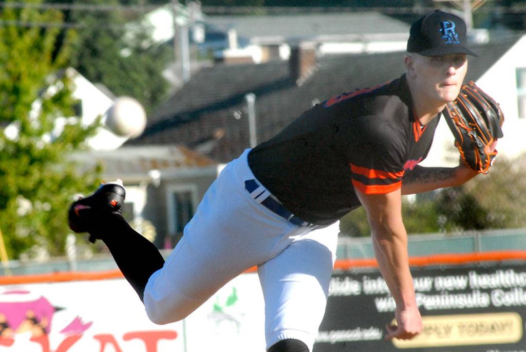 Keith Thorpe/Peninsula Daily News Lefties pitcher Jonah Giblin throws in the first inning against Highline on Thursday evening at Port Angeles Civic Field.