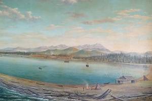 The painting of Port Angeles, its harbor and the Olympic Mountains by Count Johan Gustaf Kalling created for the 1893 World's Fair in Chicago. (Courtesy of North Olympic History Center)