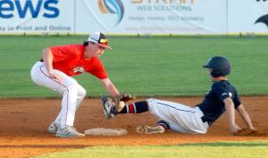 Keith Thorpe/Peninsula Daily News
Wilder's Logan Olson, left, makes it to second, beating the throw toi WBS Colts Red shortstop Grady Smith on Saturday in Port Angeles.