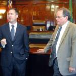 Clallam County Prosecuting Attorney Mark Nichols, left, talks about a proposed mental health court program accompanied by District Court Judge Dave Neupert on Tuesday at the Clallam County Courthouse in Port Angeles. (Keith Thorpe/Peninsula Daily News)
