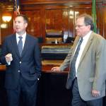 Clallam County Prosecuting Attorney Mark Nichols, left, talks about a proposed mental health court program accompanied by District Court Judge Dave Neupert on Tuesday at the Clallam County Courthouse in Port Angeles. (Keith Thorpe/Peninsula Daily News)