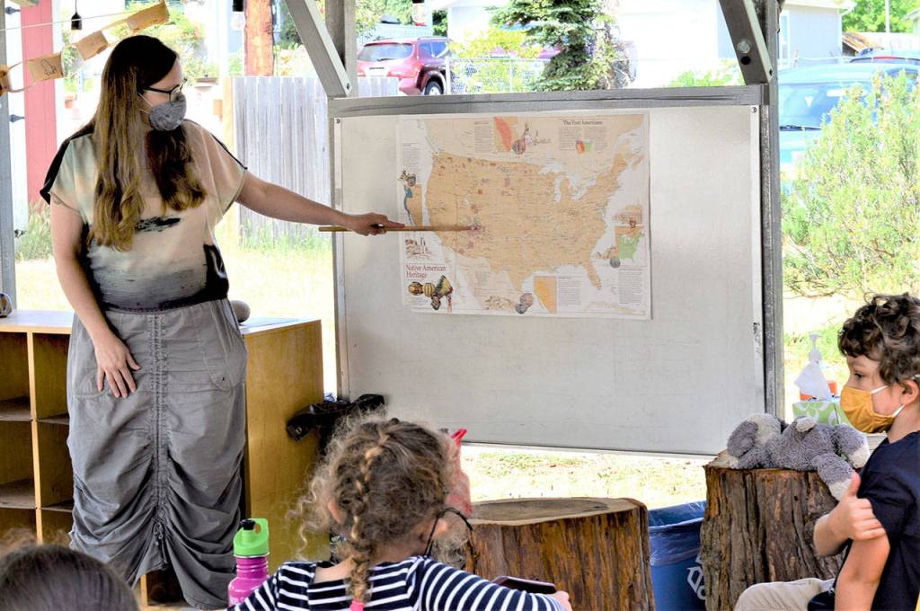 In her outdoor classroom at Swan School, art teacher Dana Weir introduces students to Navajo and Pueblo traditions. (Diane Urbani de la Paz/Peninsula Daily News)