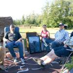 Cody Craig, left, Mark Jackson, Dayna Killam, Joe Marceau, Rachel Rowland and Ben Rowland are just a few who particpated in Olympic Peninsula Equine Network (OPEN) campout fundraiser at Layton Hill Horse Camp. (Karen Griffiths/for Peninsula Daily News)