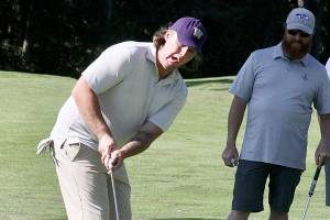 Matt Lane, a Husky baseballer from 2004 to 2006 plays in the Sonny Sixkiller Celebrity Golf Classic Friday at the Cedars at Dungeness. Lane was a PAHS grad who later played three seasons for the Toronto Blue Jays organization. 200 golfers played in a team format Friday at the course and it took six hours for all to complete the course. The event was a fund raiser for the Olympic Medical Foundation and they reported they raised over $76.000. dlogan