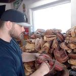 KC Mack of Port Angeles has at least 500 old baseball gloves in his work shed for his business of turning gloves into wallets and other leather items. (Pierre LaBossiere/Peninsula Daily News)