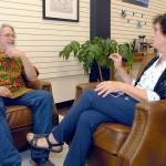 Keith Thorpe/Peninsula Daily News
Doc Reiss, left, talks with Kathi Pressley in Port Angeles. Pressley will take over as the U.S. contact for the Dignity Toilets for Togo project that Reiss started while he is in African beginning an off-shoot business.