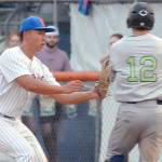 Keith Thorpe/Peninsula Daily News
Lefties first baseman Nathan Chong, left, tags out Portland's Gabe Skoro before he can reach first in the third inning on Tuesday at Port Angeles Civic Field.