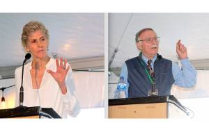 Dave Logan/for Peninsula Daily News
Cherie Simkins, left, and Bob Sheedy, right, both 2020 inductees, speak at the Port Angeles Roughrider Hall of Fame dinner held at Civic Field on Saturday night.