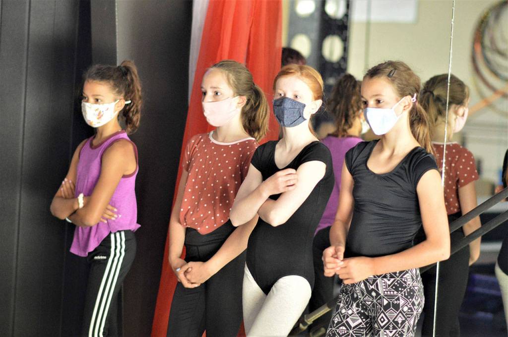 The performers set to appear in this weekends Pop-Up Movement shows in Port Hadlock include, from left, Lucia ONeil Osborne, Elan Nollette and Anora Kuzma, all 11, and Satria McKnight, 12. (Diane Urbani de la Paz/Peninsula Daily News)