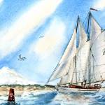 A watercolor of the Schooner Adventuress by Sandra Smith-Poling will be exhibited at Gallery 9 during September.