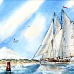 A watercolor of the Schooner Adventuress by Sandra Smith-Poling will be exhibited at Gallery 9 during September.
