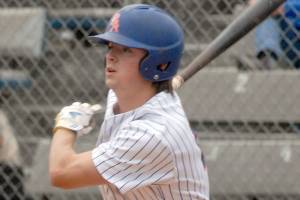 Keith Thorpe/Peninsula Daily News
Lefties lead-off batter Nick Oakley hits for a single in the first inning on Friday at Port Angeles Civic Field.
