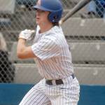 Keith Thorpe/Peninsula Daily News
Lefties lead-off batter Nick Oakley hits for a single in the first inning on Friday at Port Angeles Civic Field.