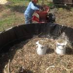 Al Cairo prepares shredded garden waste and fills the Johnson-Su composting bioreactor at Woodcock Garden. (Photo courtesy of Al Cairo)