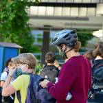 Jamie Haney helps her fourth-grader Elise prepare for the first day of school Tuesday morning at Salish Coast Elementary in Port Townsend. (Diane Urbani de la Paz/Peninsula Daily News)
