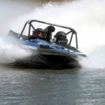 Team Kiwi, driven by Chris Munro and navigated by Katie Munro, competes at the Extreme Sports Park in Port Angeles. The team won the Unlimited Class at Julys first sprint boat race of the summer. (Keith Thorpe/Peninsula Daily News)