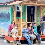 The crew behind the newest Bayside Housing-Community Boat Project tiny home includes, from left, Danielle Fodor, Raul Sierra, Lena Morton, Gillian Kenagy, Shanell Rosenfeld and Capt. Wayne Chimenti. (Diane Urbani de la Paz/Peninsula Daily News)