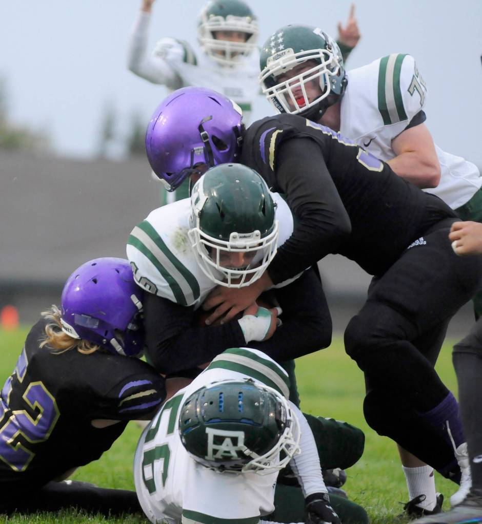 Michael Dashiell/Olympic Peninsula News Group
Port Angeles' Blake Peterson crashes in to score on a 1-yard touchdown run in a Rainshadow Rumble rivalry contest Friday in Sequim.