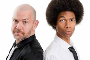 The duo of beatbox-juggling keynote speaker Bronkar Lee, left, and tap dancer-percussionist Aaron Williams -- known as Collision of Rhythm -- will take the Port Angeles High School Performing Arts Center stage Sunday. photo courtesy Collision of Rhythm