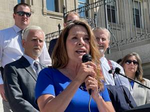 FILE - In this Sept. 15, 2021 file photo Republican Lt. Gov. Janice McGeachin addresses a rally on the Statehouse steps in Boise, Idaho. Idaho Gov. Brad Little said he will rescind an executive order involving COVID-19 vaccines by McGeachin, and the commanding general of the Idaho National Guard also on Tuesday, Oct. 5 told McGeachin she can’t activate troops to send to the U.S.-Mexico border. Little and Major General Michael J. Garshak made the decisions as McGeachin attempted to exercise her authority as acting governor with Little out of the state. (AP Photo/Keith Ridler,File)