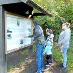Members of the Pease family of Sequim, from left, father, Craig, children Addison, 12, Alayna, 10 and Alivia, 3, and mother, Bambi, examine an information kiosk at Salt Creek Recreation Area north of Joyce last week. The group was exploring places on the North Olympic Peninsula. (Keith Thorpe/Peninsula Daily News)