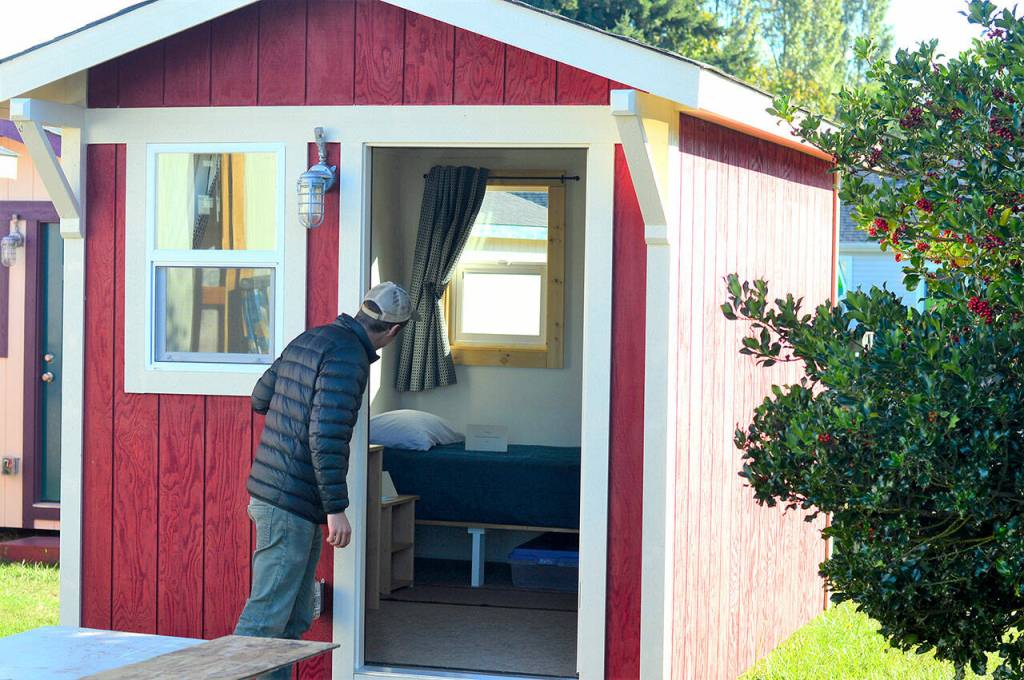 Kellen Lynch of the Housing Solutions Network peers inside one of the Pats Place tiny homes in Port Townsend on Friday. (Diane Urbani de la Paz/Peninsula Daily News)