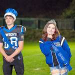 Mikiya Shiflett, left, the Chimacum High School homecoming king, and Hannah Cotterill, queen, are presented Friday during halftime of the East Jefferson football game against Cascade Christian at Memorial Field in Port Townsend. The Port Townsend king and queen, Jerome Reaux Jr. and Faye Berry, also were honored during halftime. Chimacum and Port Townsend have combined sports programs and are competing together as the East Jefferson Rivals. (Steve Mullensky/for Peninsula Daily News)