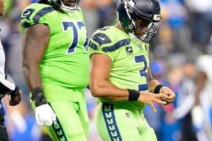 Seattle Seahawks quarterback Russell Wilson (3) during an NFL football game against the Los Angeles Rams, Thursday, Oct. 7, 2021, in Seattle. The Los Angeles Rams won 26-17. (AP Photo/Ben VanHouten)
