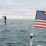 Hannah Nelson of Port Angeles crossed the Strait of Juan de Fuca on a paddleboard to raise money for domestic violence services. (Laura Hall)