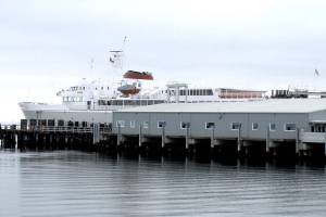 The ferry MV Coho sits at its Port Angeles dock on Tuesday, waiting for the opportunity to resume service to Victoria. (Keith Thorpe/Peninsula Daily News)
