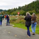 A group of friends on a walk at Fort Worden State Park on Thursday hold their ears to muffle the loud siren noise from the tsunami warning device going off during the Great ShakeOut drill. Friends, family and co-workers were supposed to practice movements to drop, cover and hold on to build muscle memory to be prepared for an earthquake. (Steve Mullensky/for Peninsula Daily News)