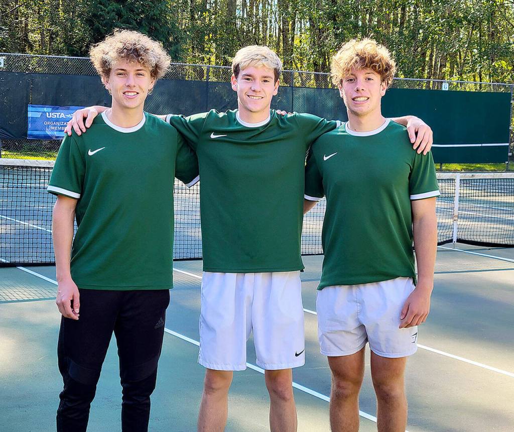Port Angeles tennis players from left, Damon Gundersen, Michael Soule and Reef Gelder all qualified for the state 2A boys tennis tournament which will be held in May 2022. (Courtesy of Brian Gundersen)