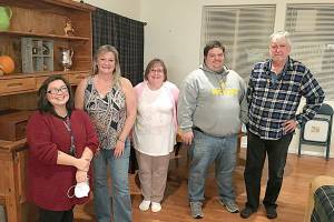 Sequim City Council candidates with top votes as of Wednesday afternoon include, from left, Rachel Anderson, Vicki Lowe, Kathy Downer, Brandon Janisse and Lowell Rathbun. They gathered for about an hour after initial election results were announced Tuesday. (Matthew Nash/Olympic Peninsula News Group)