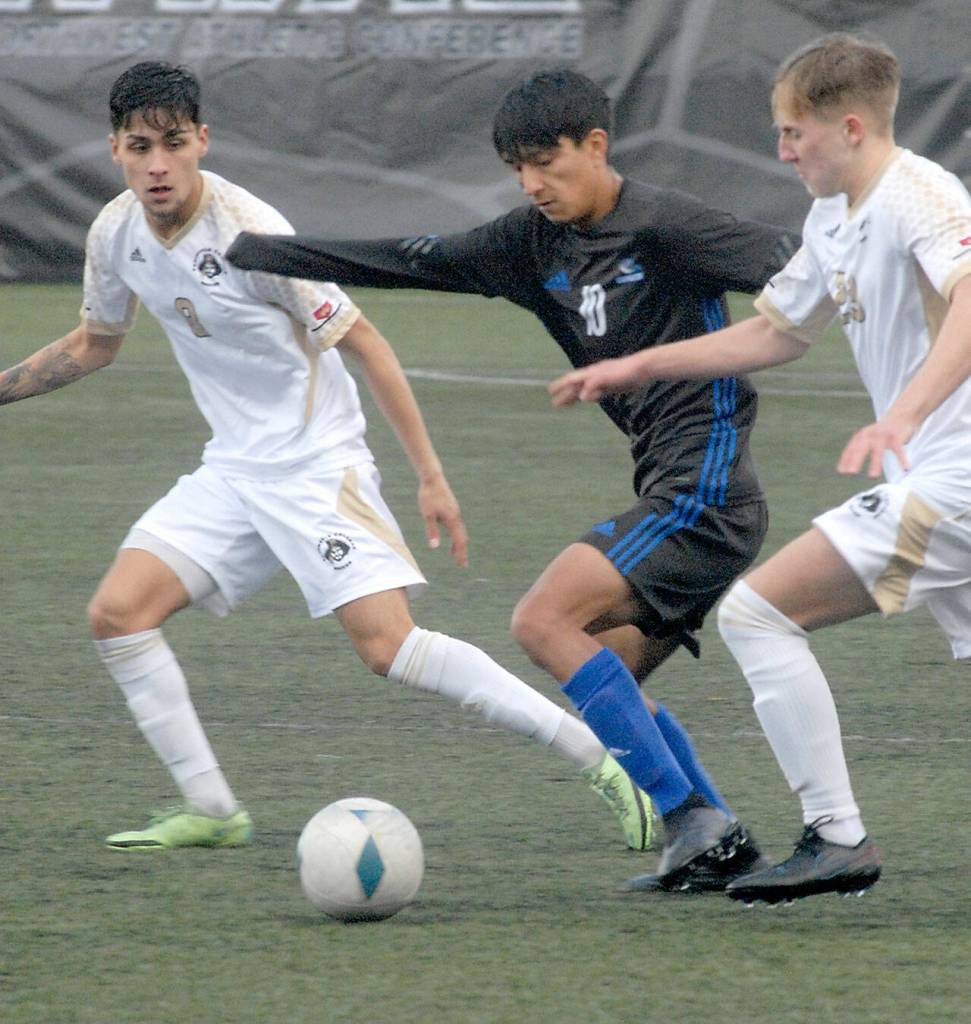 Peninsulas Juan Carlos Hernandez, left, and Tim Deseer, right, try to keep pace with Rogues Rosendo Juarez-Flores on Saturday in Port Angeles. (Keith Thorpe/Peninsula Daily News)