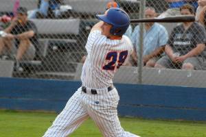Keith Thorpe/Peninsula Daily News
Lefties designated hitter Luke Sanders bats in the first inning against Portland on Thursday evening in Port Angeles.