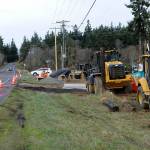 As constructions progresses on the installation of a roundabout at the intersection of Woodcock Road and Sequim-Dungeness Way, traffic is anticipated to alternate from one side to the other through mid-April with minimal delays, Clallam County roads staff said. (Matthew Nash/Olympic Peninsula News Group)