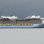 The Royal Caribbean Cruises ship Ovation of the Seas sits anchored at the mouth of Port Angeles Harbor on Tuesday. (Keith Thorpe/Peninsula Daily News)