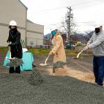 From left, Dr. Suzanne Watnick, chief medical officer of Northwest Kidney Centers; Rebecca Fox, CEO of Northwest Kidney Centers; and state Rep. Mike Chapman, D-24, break ground for the new Port Angeles Kidney Center on Chase Street.